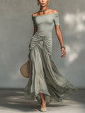 Vestito lungo grigio in tessuto elasticizzato e chiffon