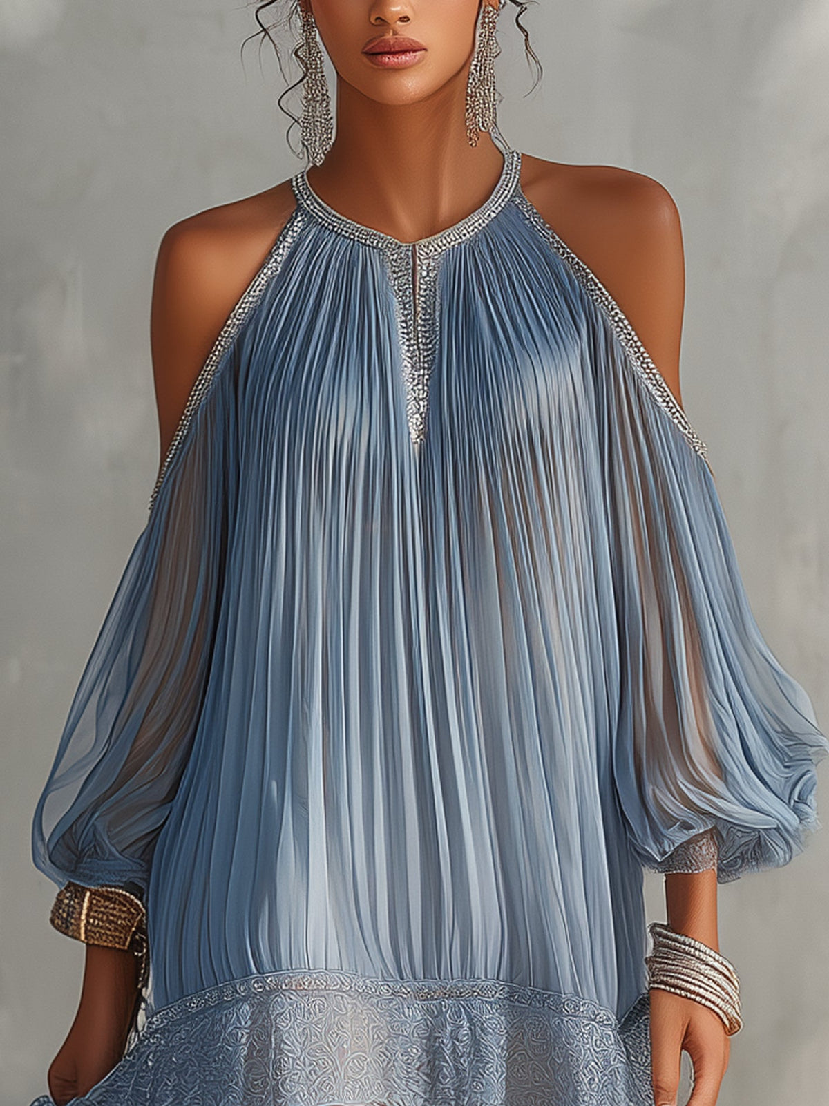 Vestido corto azul con hombros descubiertos, fruncido y dobladillo de encaje