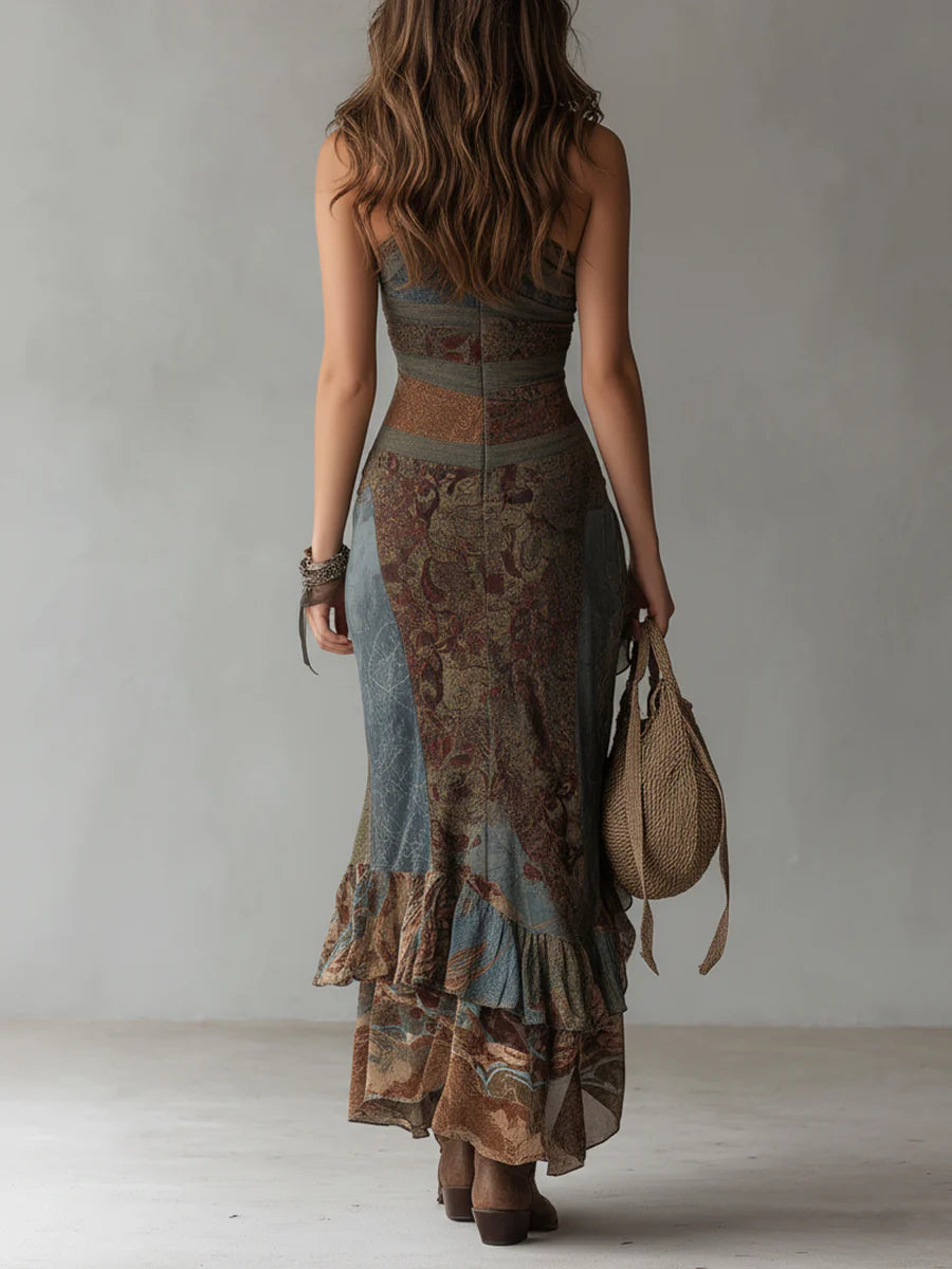 Vestido maxi estampado de estilo étnico de un solo hombro con abertura alta