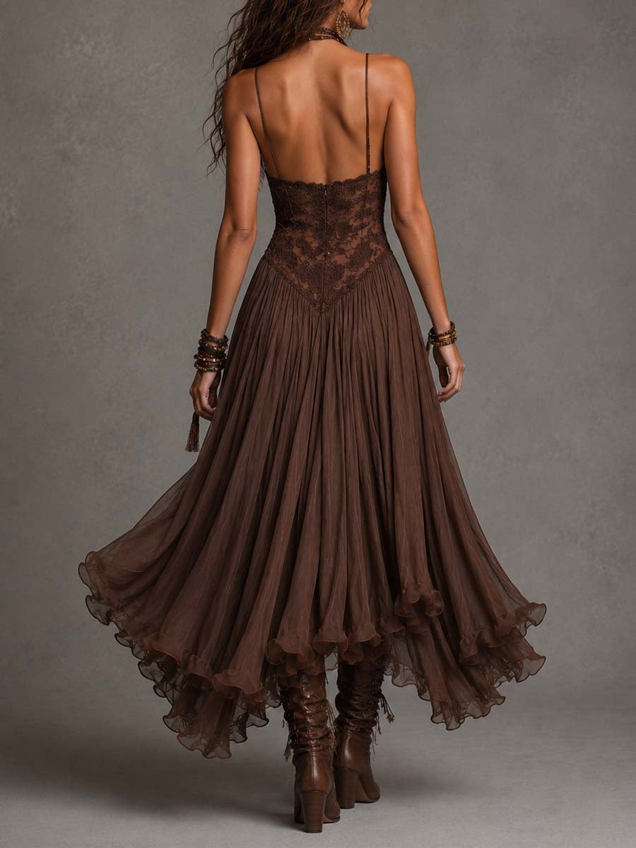 Abito lungo in chiffon con inserti in pizzo, marrone scuro