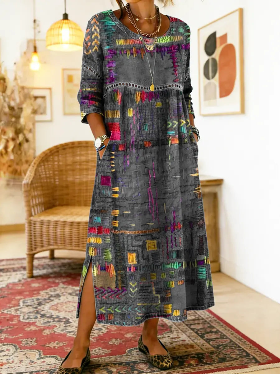 Manuela | Abito in denim con patchwork etnico