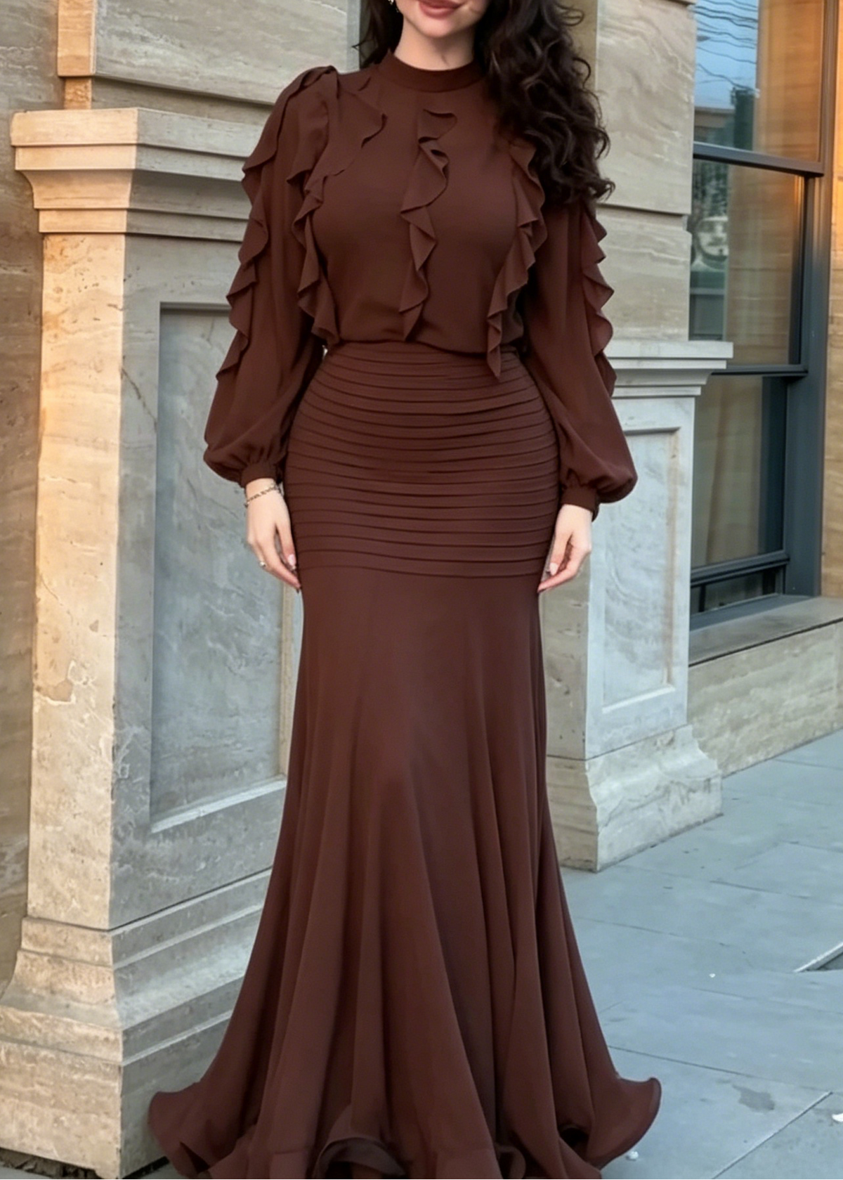 Conjunto de dos piezas: blusa marrón de manga larga con volantes y falda maxi sirena de punto canalé