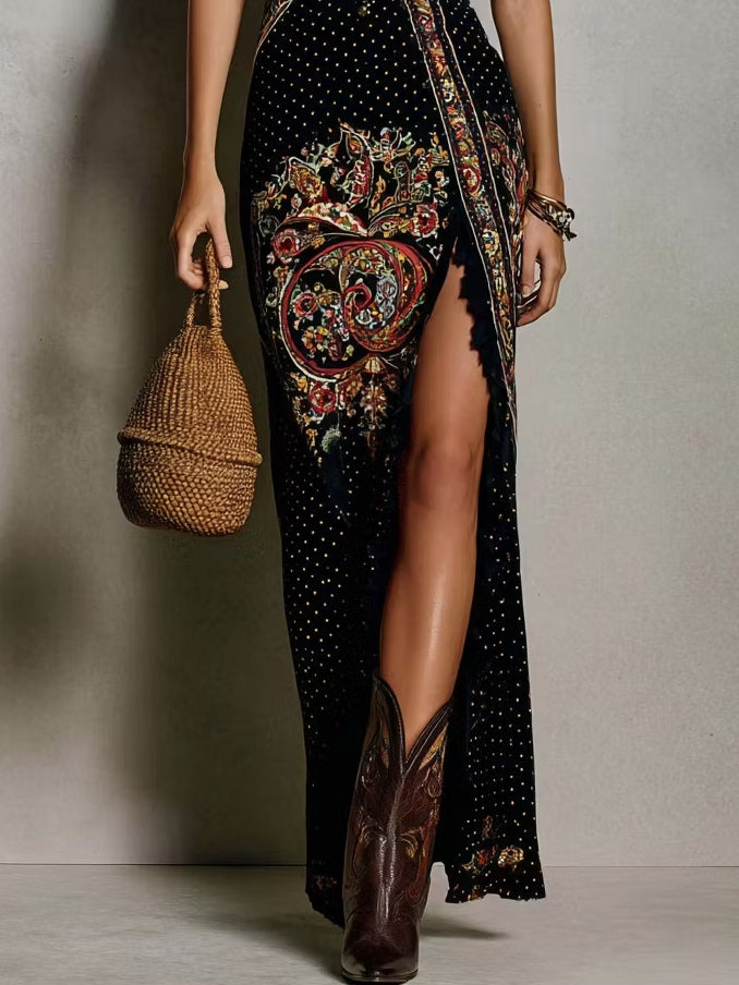 Vestito stampato stile boho con scollo a V profondo e spacco alto