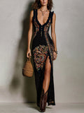 Vestito stampato stile boho con scollo a V profondo e spacco alto