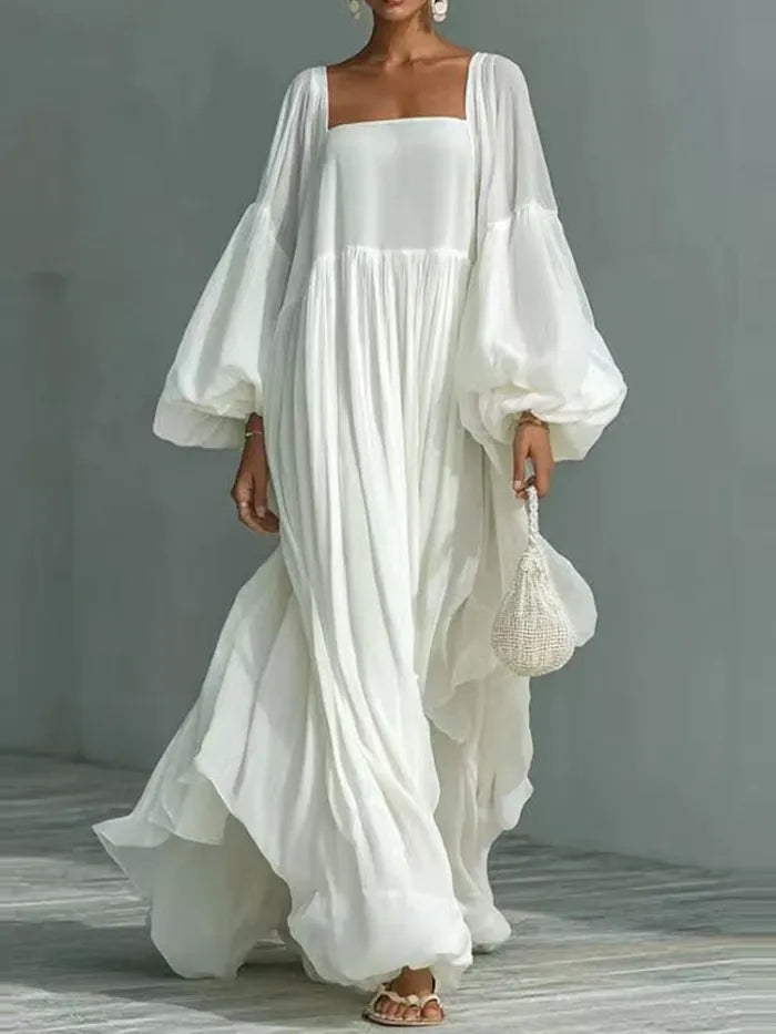 Vestido maxi holgado con escote cuadrado y mangas abullonadas