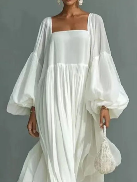Vestido maxi holgado con escote cuadrado y mangas abullonadas