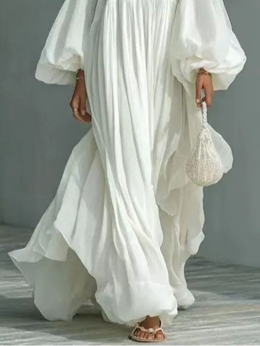 Vestido maxi holgado con escote cuadrado y mangas abullonadas