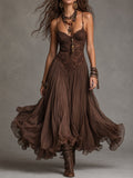 Abito lungo in chiffon con inserti in pizzo, marrone scuro