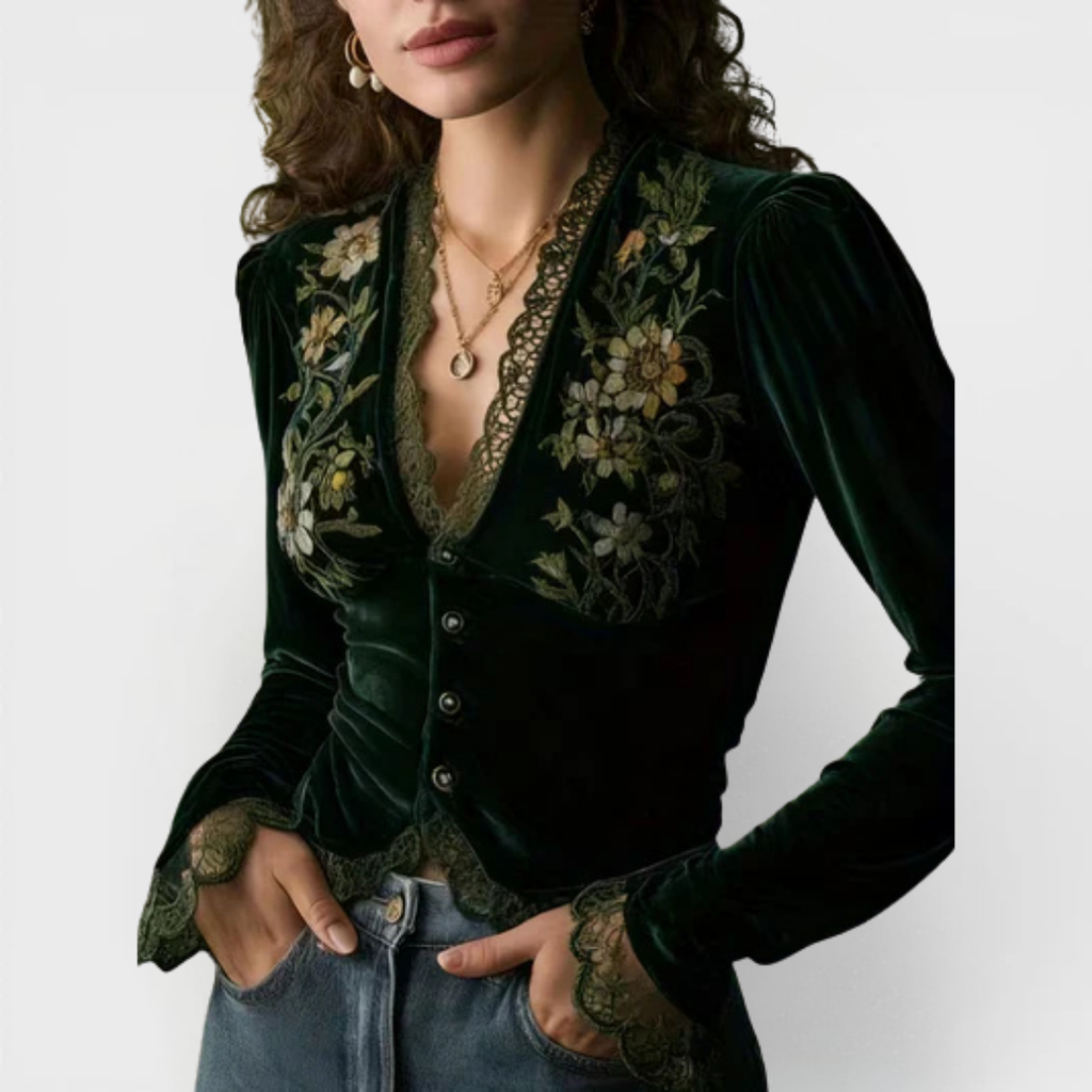 NORA | BLUSA DE MANGA LARGA DE TERCIOPELO CON FLORES BORDADAS