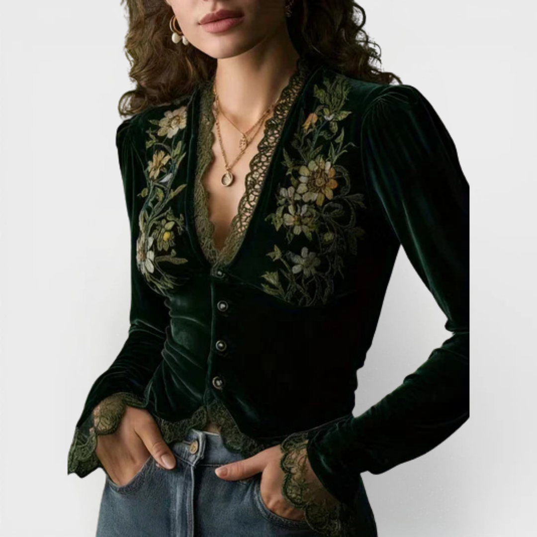 NORA | BLUSA DE MANGA LARGA DE TERCIOPELO CON FLORES BORDADAS
