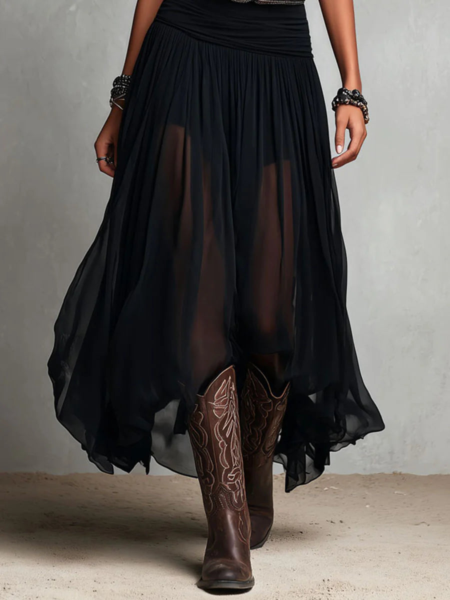 Vestito lungo nero con top smanicato e gonna in tulle (con cintura)