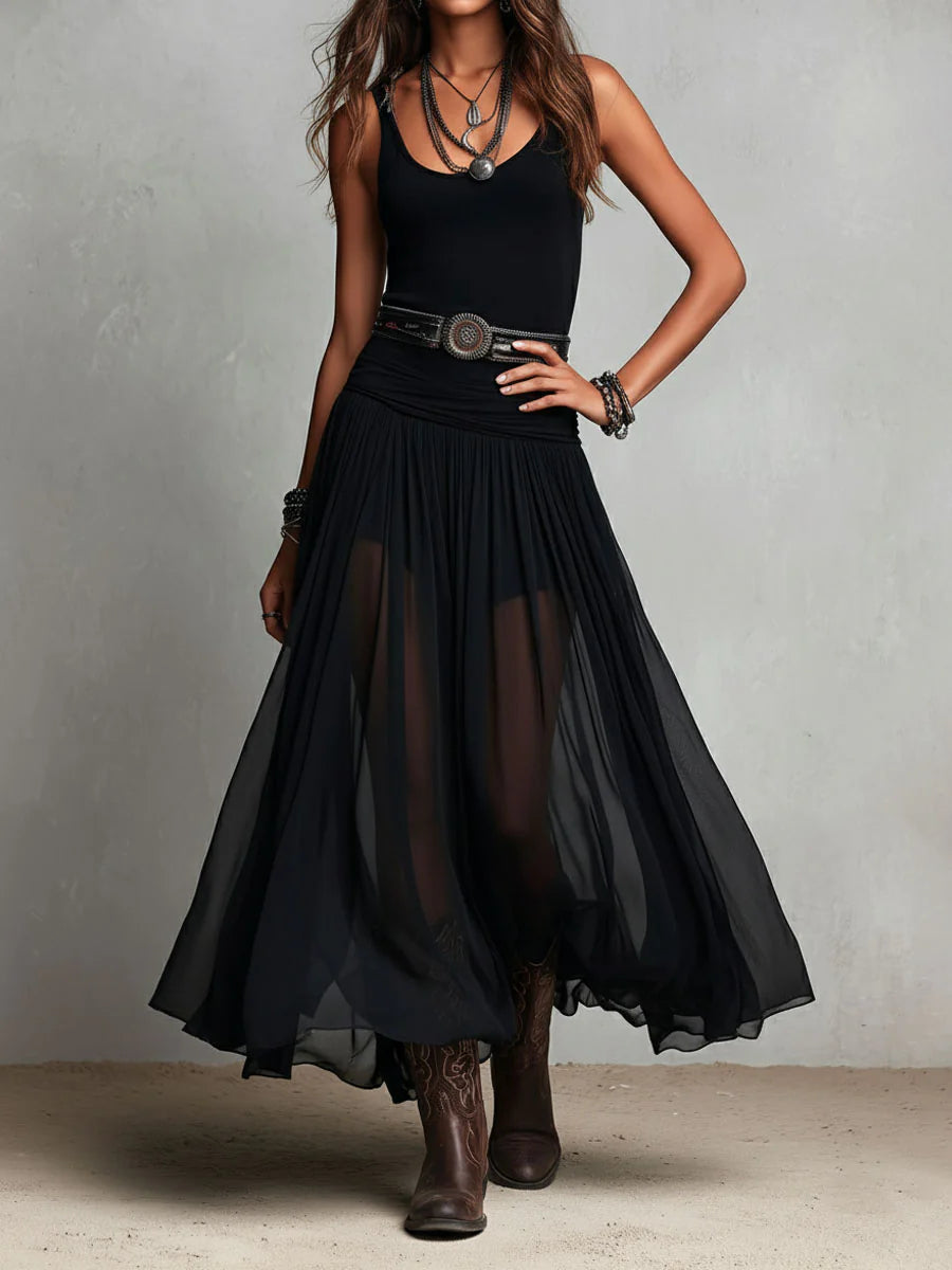 Vestito lungo nero con top smanicato e gonna in tulle (con cintura)