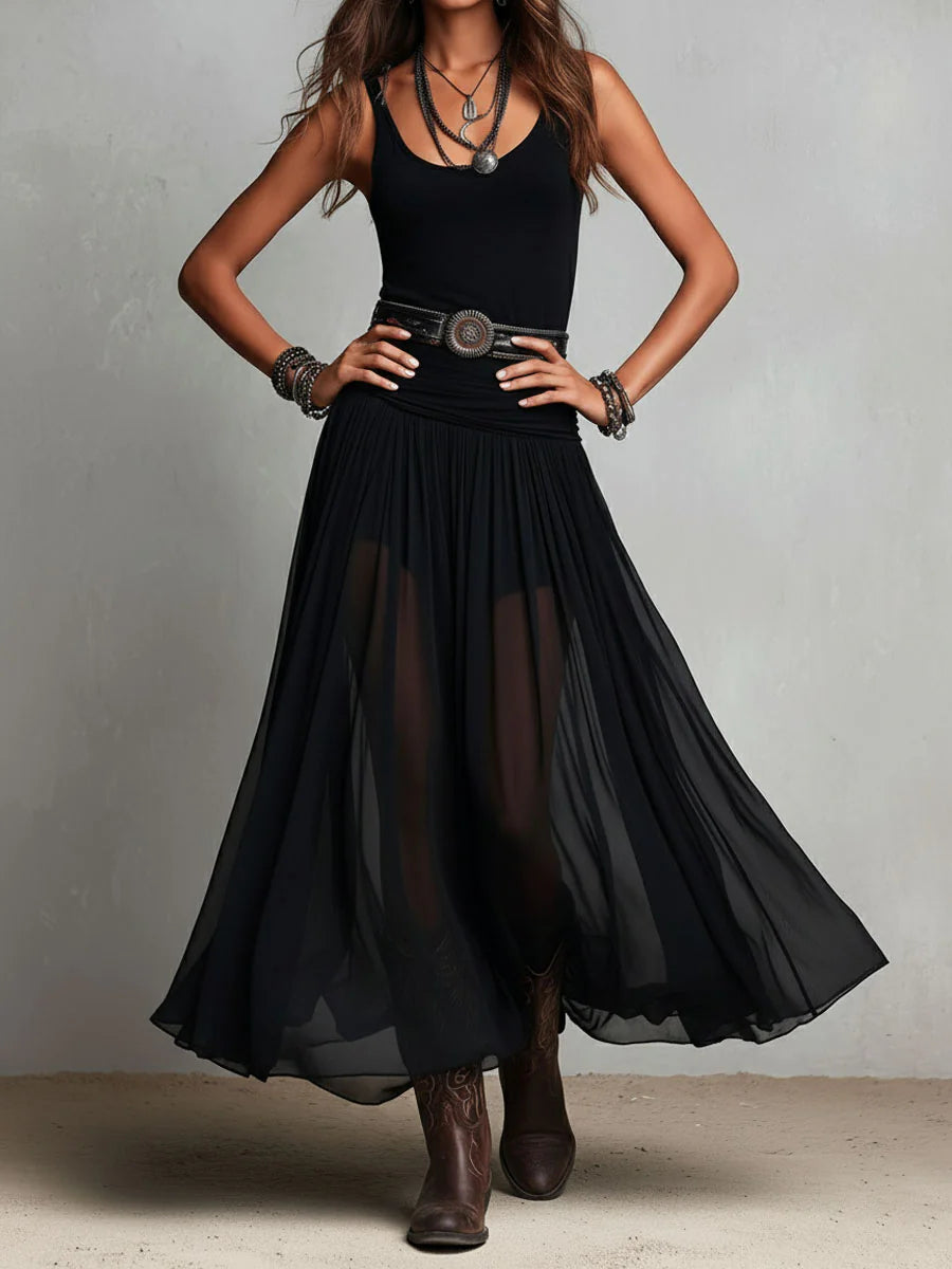 Vestito lungo nero con top smanicato e gonna in tulle (con cintura)