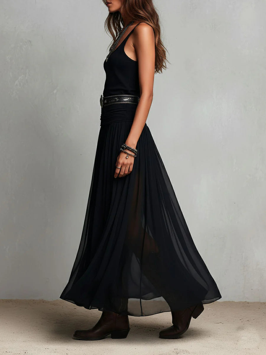 Vestito lungo nero con top smanicato e gonna in tulle (con cintura)