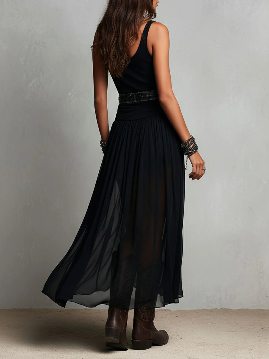 Vestito lungo nero con top smanicato e gonna in tulle (con cintura)