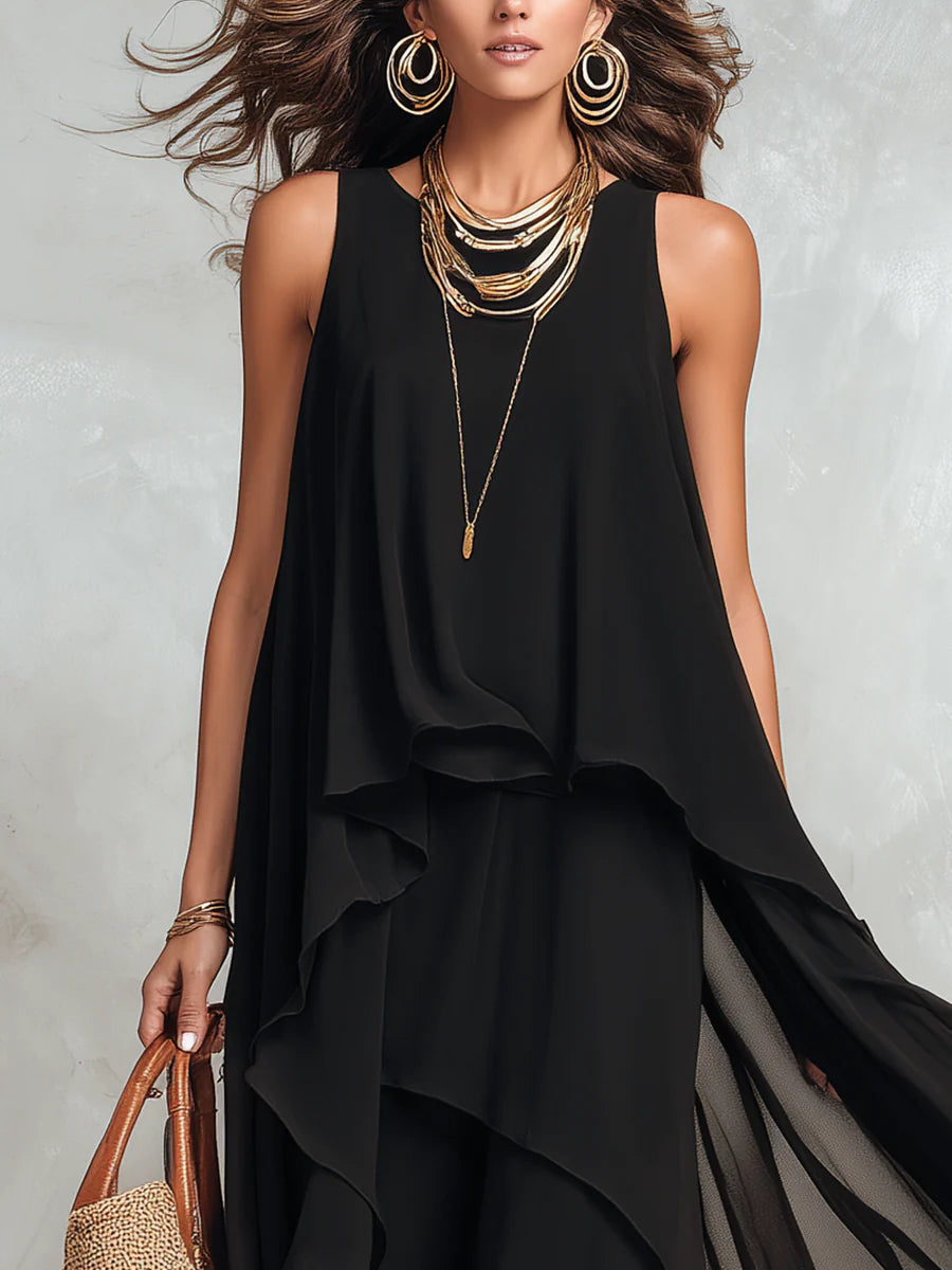 Vestido maxi negro de gasa en capas con cuello redondo y sin mangas