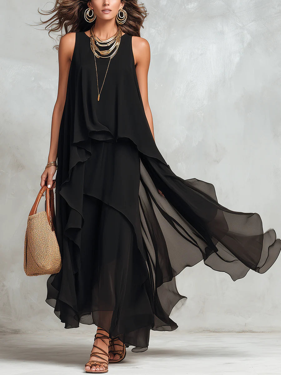 Vestido maxi negro de gasa en capas con cuello redondo y sin mangas