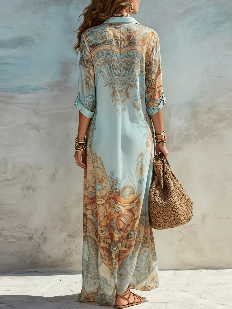 Vestido maxi camisero azul con estampado floral para vacaciones