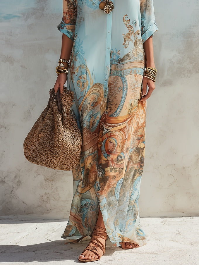 Vestido maxi camisero azul con estampado floral para vacaciones