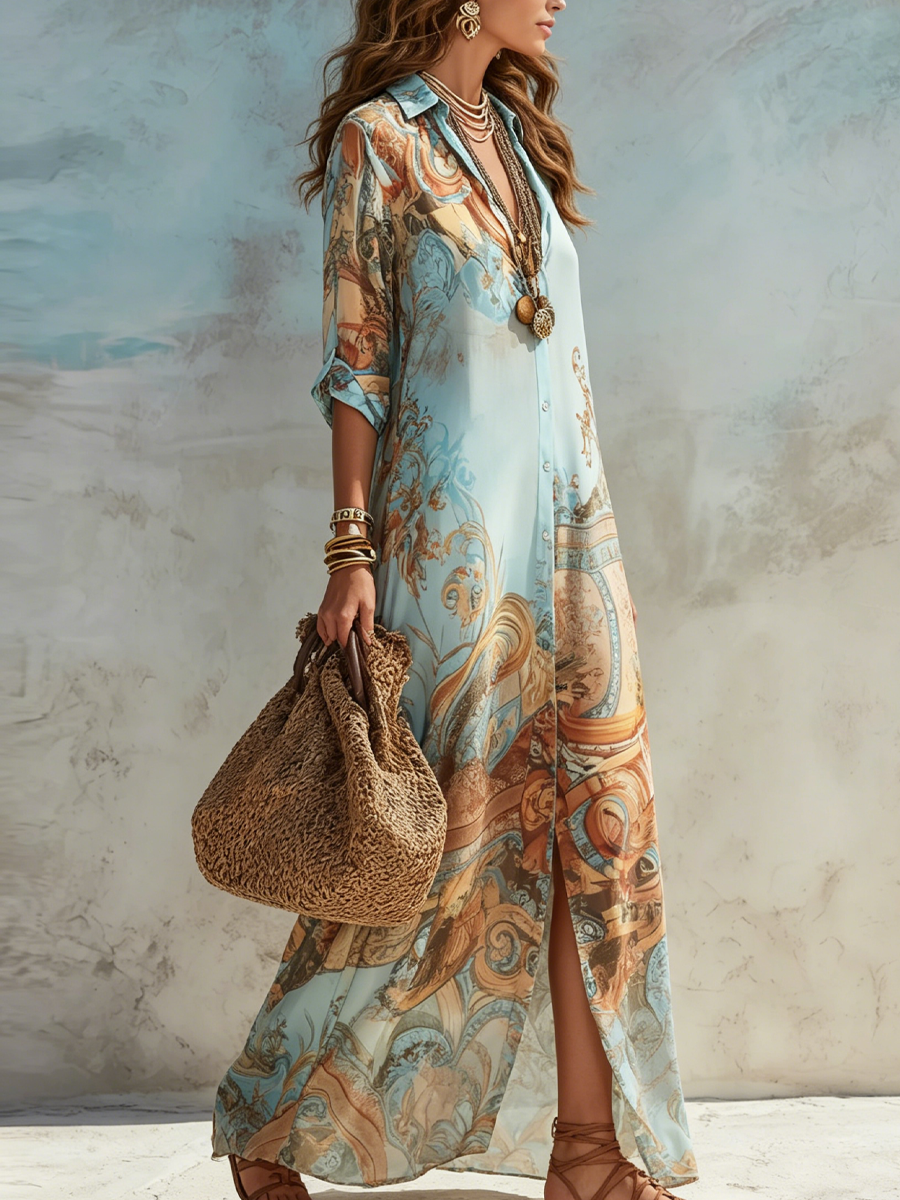 Vestido maxi camisero azul con estampado floral para vacaciones