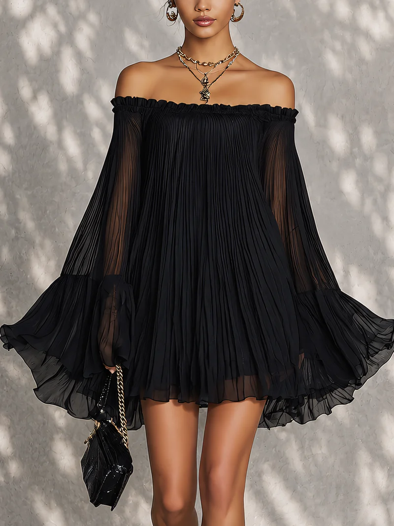 Vestido corto negro de hombros descubiertos con mangas campana y volantes