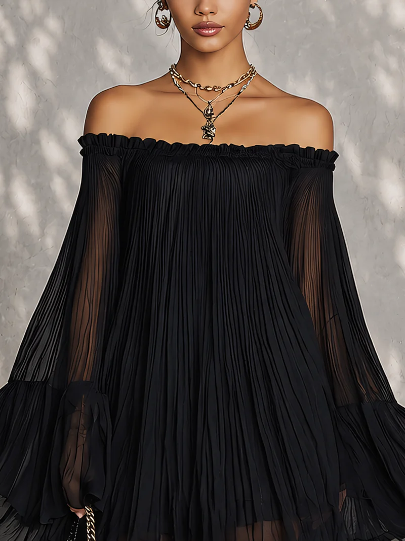 Vestido corto negro de hombros descubiertos con mangas campana y volantes