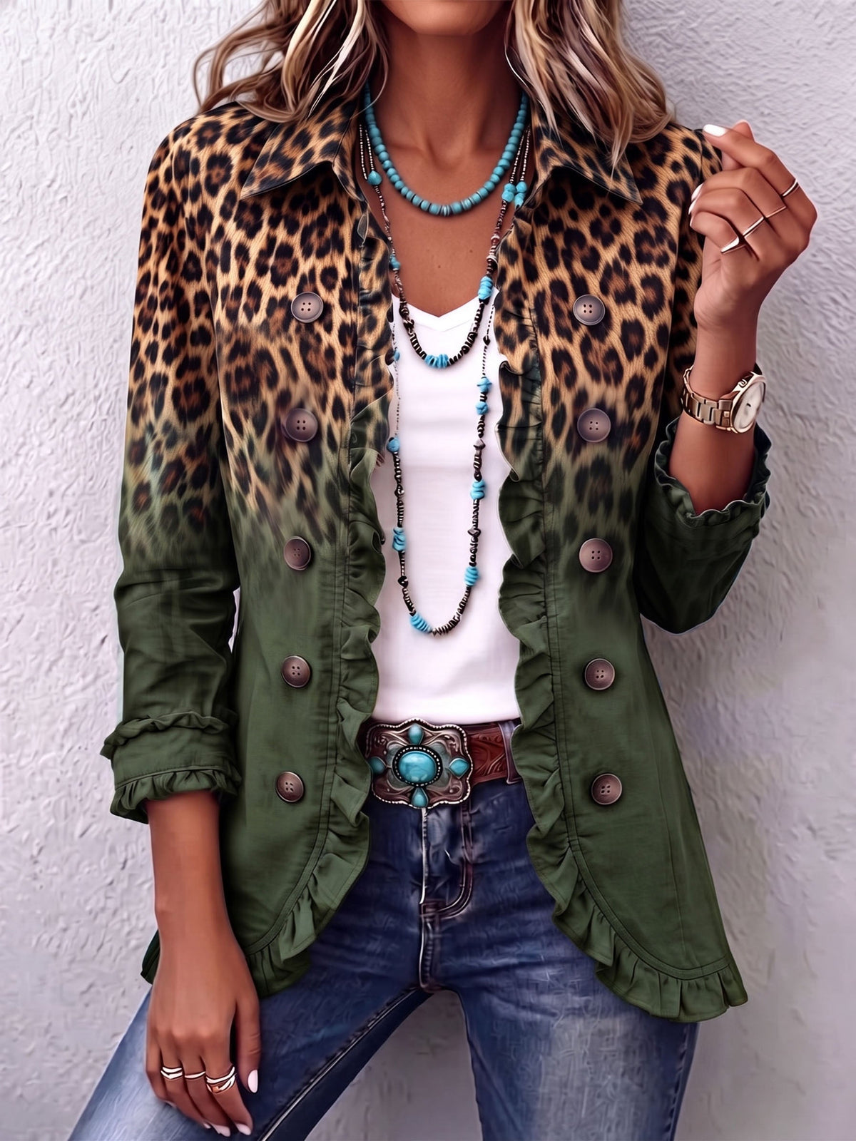 ROMINA | BLAZER LEOPARDATO VERDE CON VOLANT